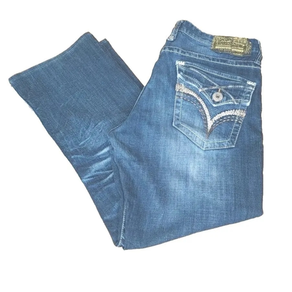 Salvage Supply LA X Buckle Jeans Mayhem Blue Denim Flap Pockets Woman Sz 32 X 26